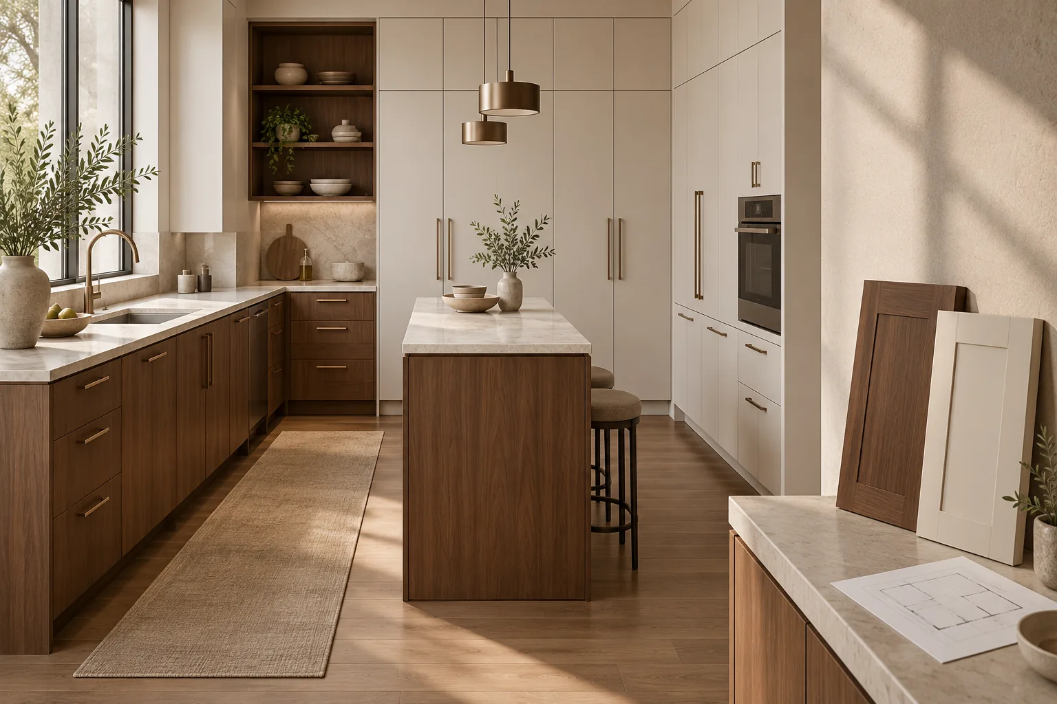 Walnut kitchen cabinets with cream tall units and door samples beside a room drawing