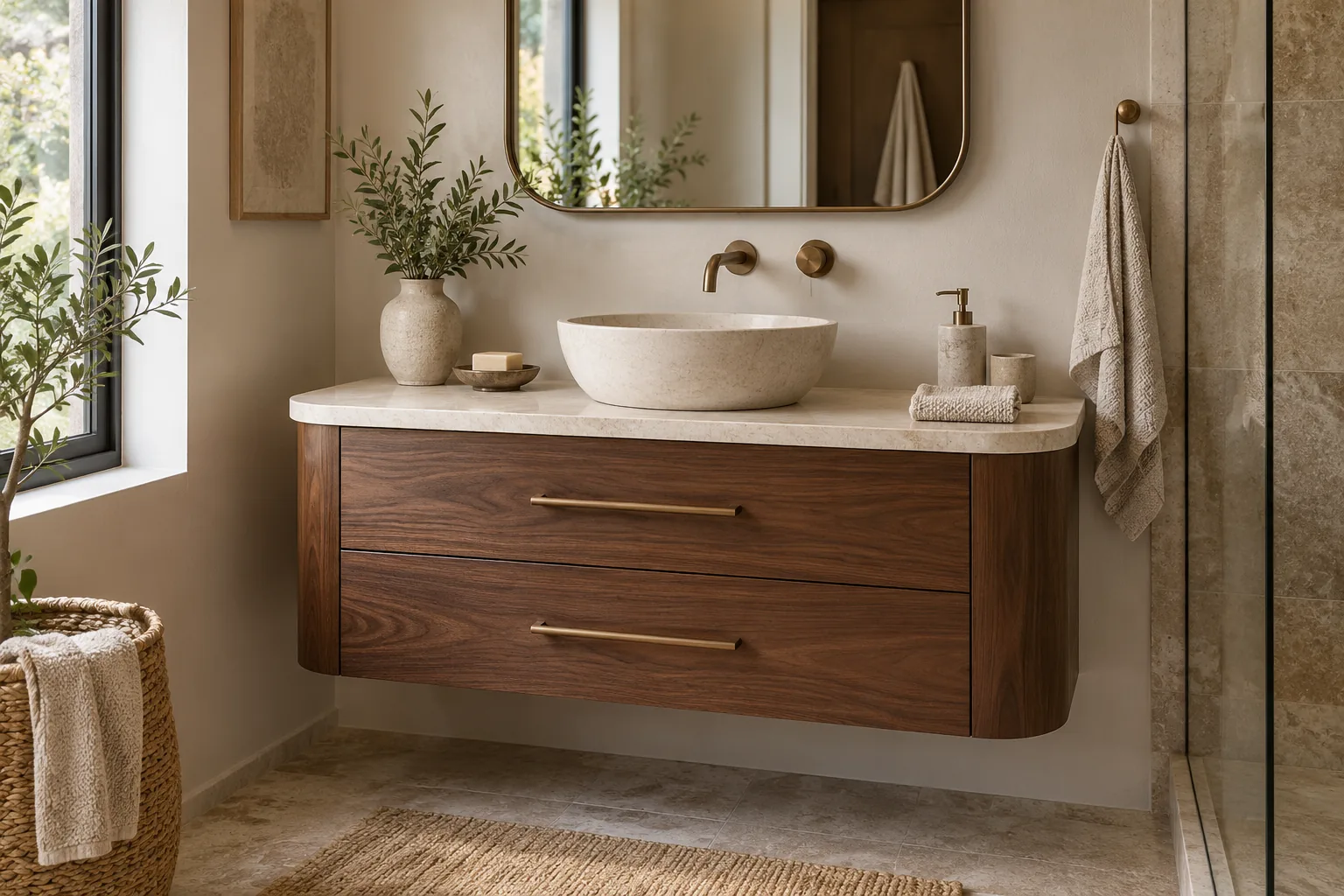 Walnut bathroom vanity with bronze handles and a stone basin beneath a wall mirror